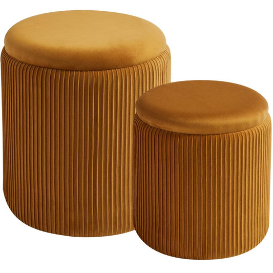 Round Upholstered Ottoman Stool with Storage - Set of 2