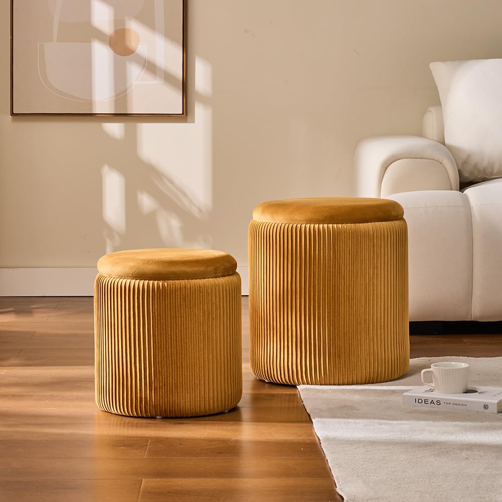 Round Upholstered Ottoman Stool with Storage - Set of 2