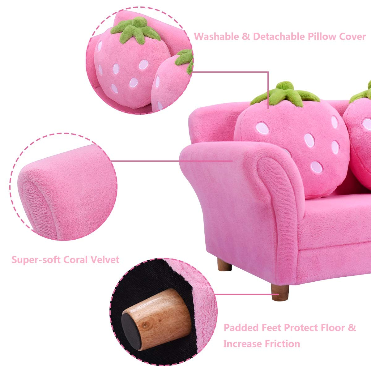 Kid's Pink Loveseat Sofa with 2 Strawberry Pillows