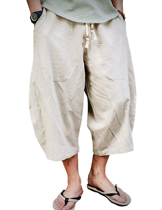 Men's Wide-Leg Cotton Linen Capri Pants