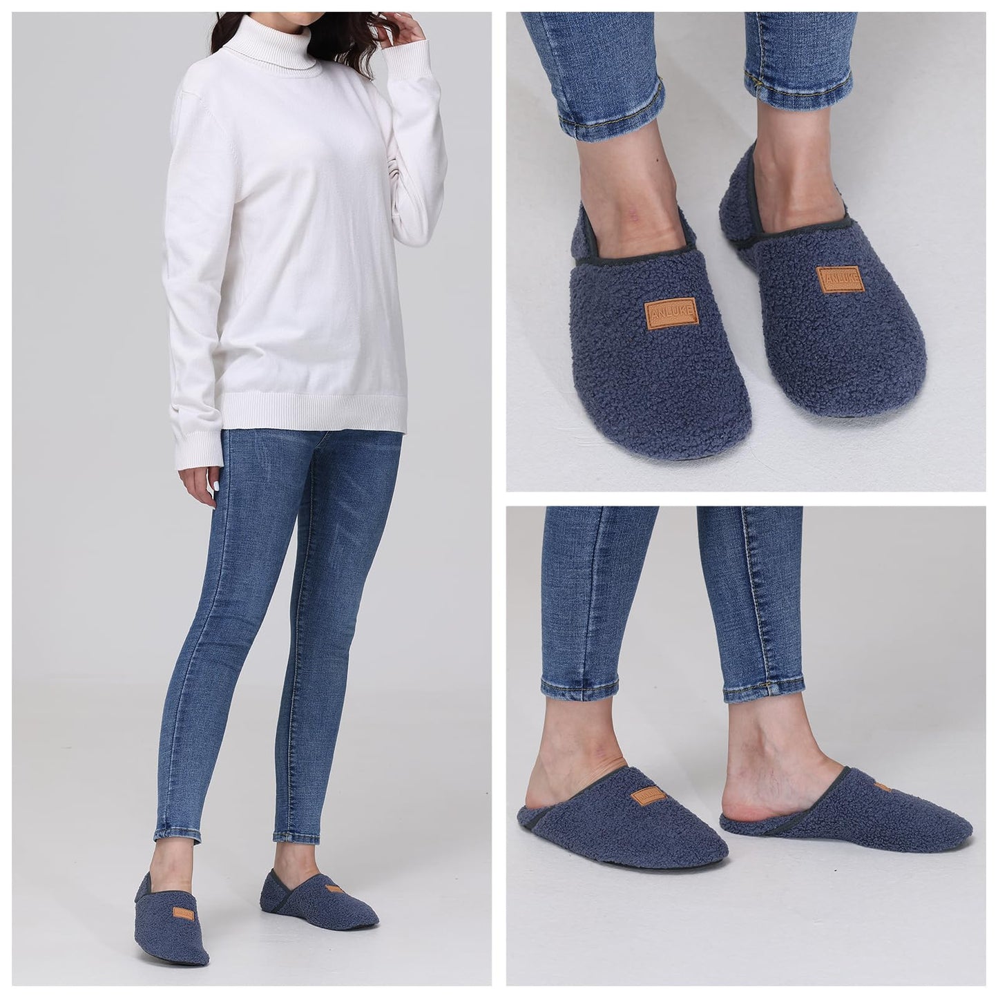 Unisex Fuzzy Slip-On House Shoes with Rubber Soles