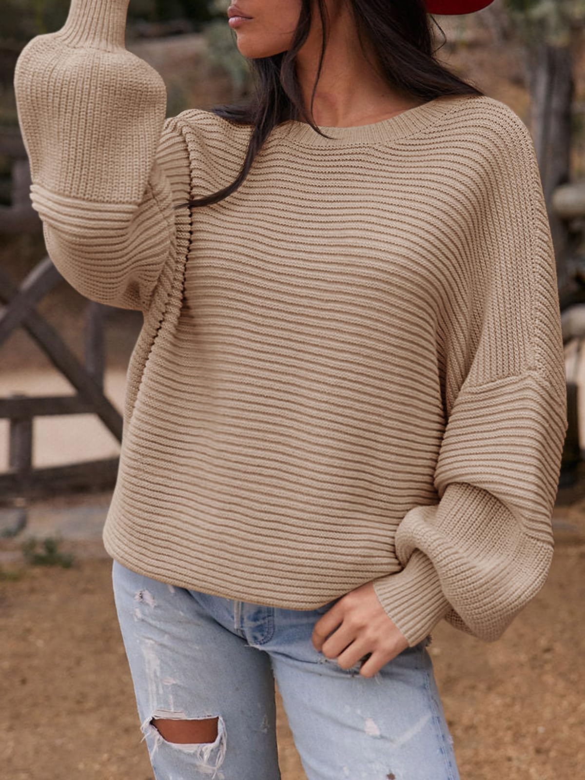 Women's Lantern-Sleeve Crewneck Ribbed Sweater