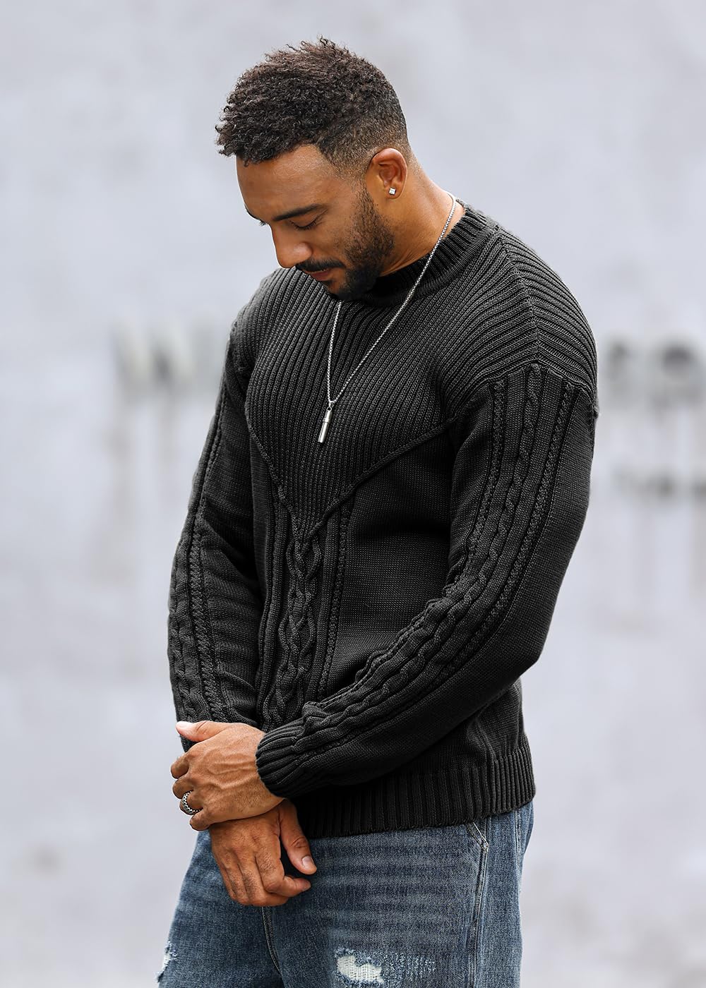 SAVKOOV Men's Pullover Long Sleeve Crewneck Knitted Sweater Black