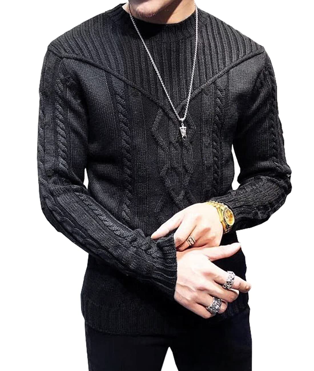 SAVKOOV Men's Pullover Long Sleeve Crewneck Knitted Sweater Black