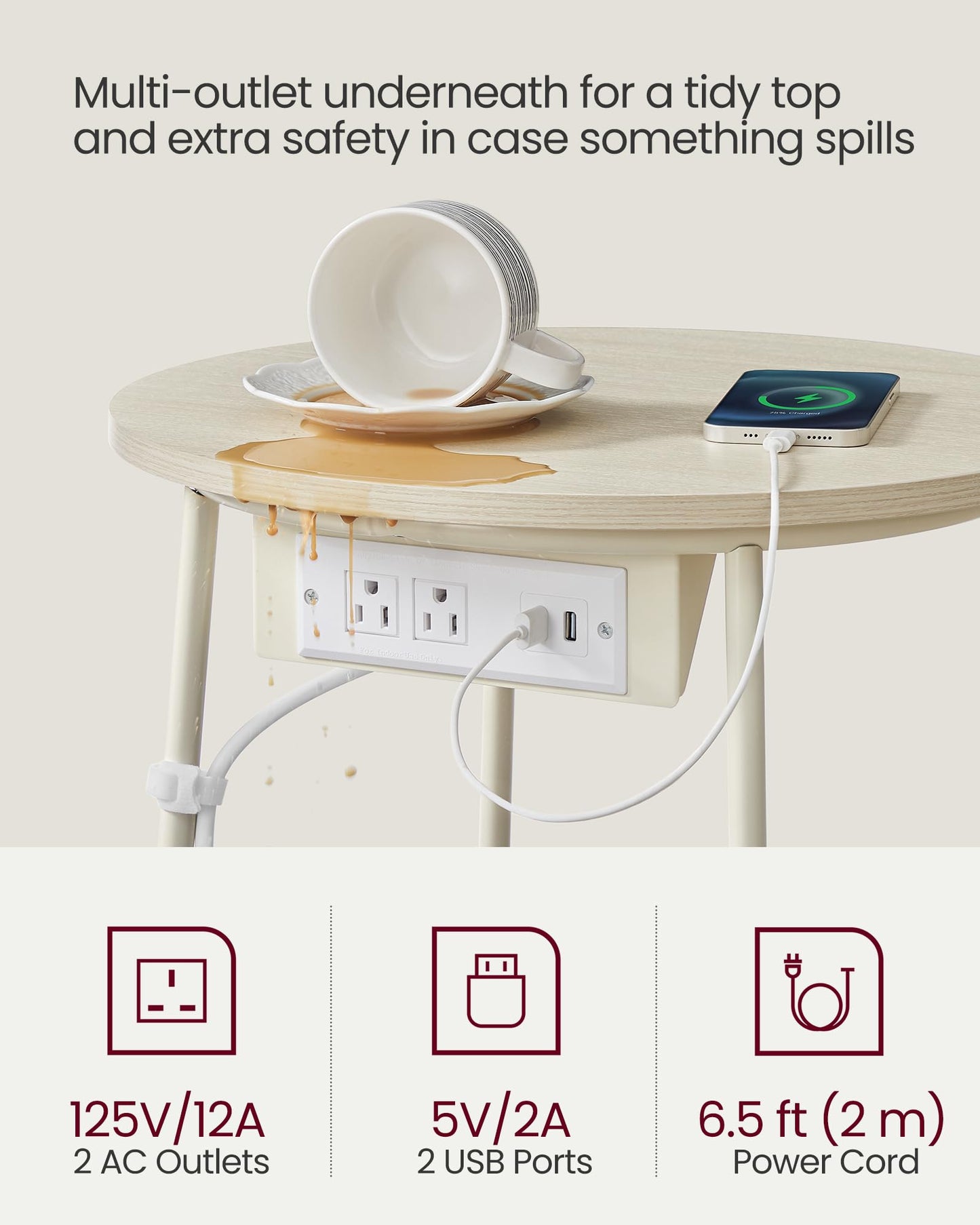 Round Side Table with Charging Station and Basket