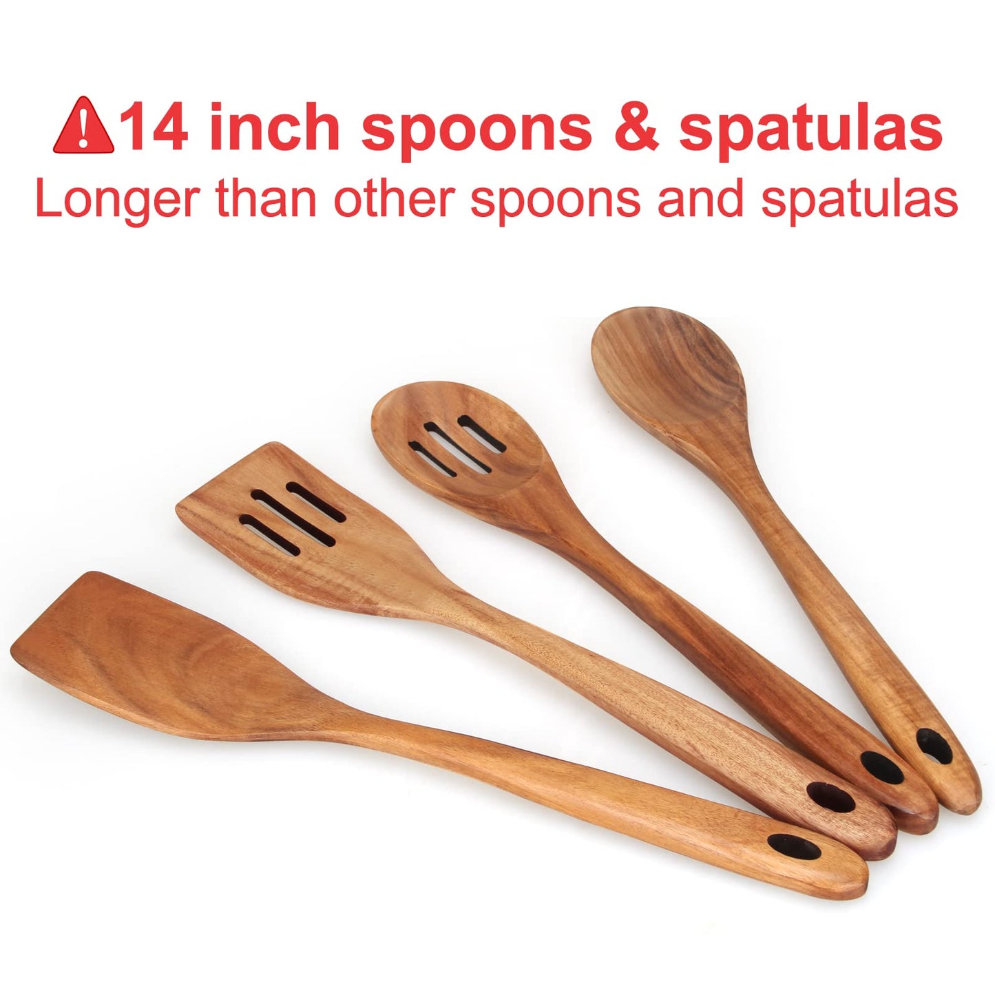 Wooden 4-Piece 14" Large Wooden Utensils Set for Cooking Spatula Long Handled Slotted Spoon Non-Stick Utensil Slotted Turner Mixing Spoons with Hole Best Wood Kitchen Spatula Stirring Serving Spoons