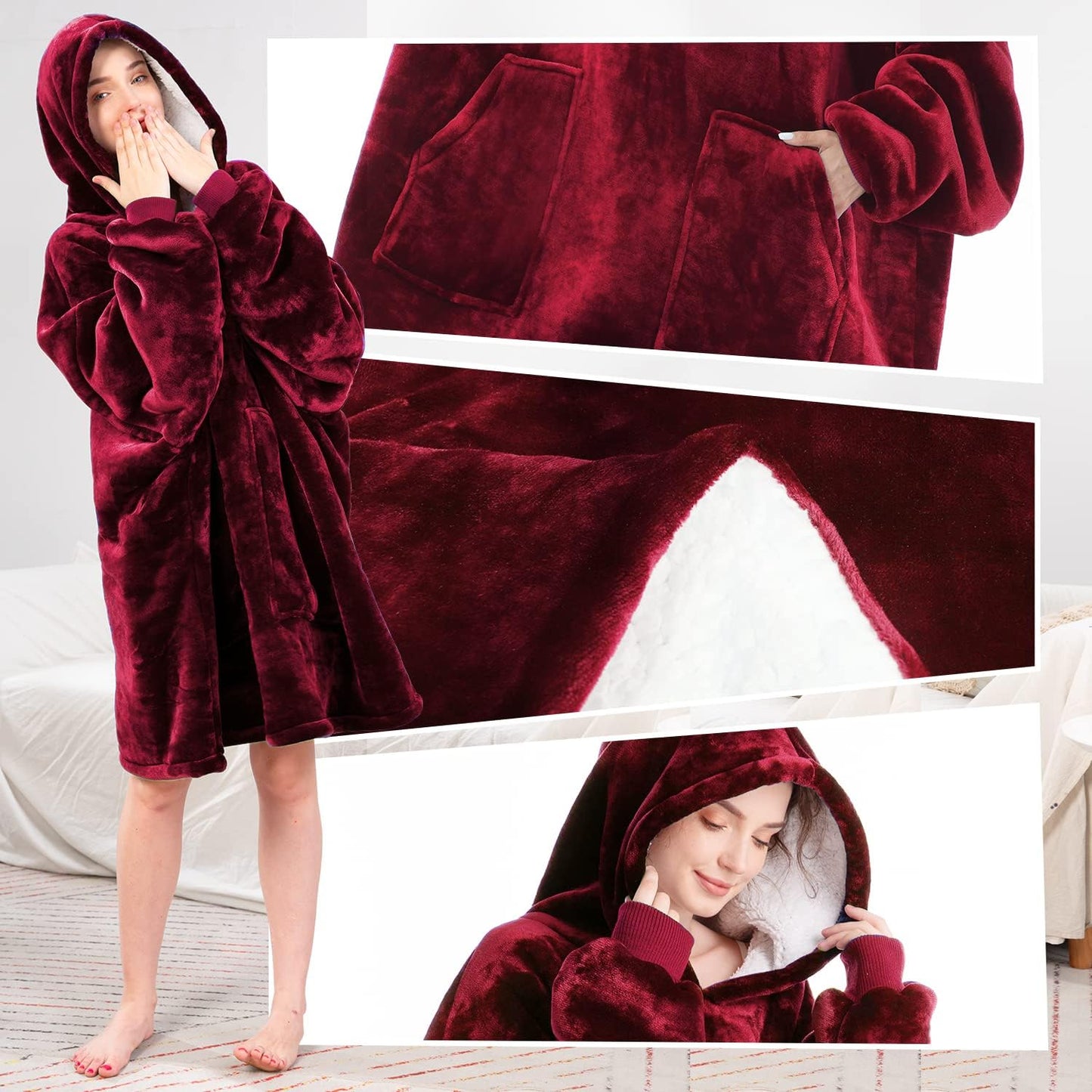 Women's Oversized Wearable Red Sherpa Fleece Blanket