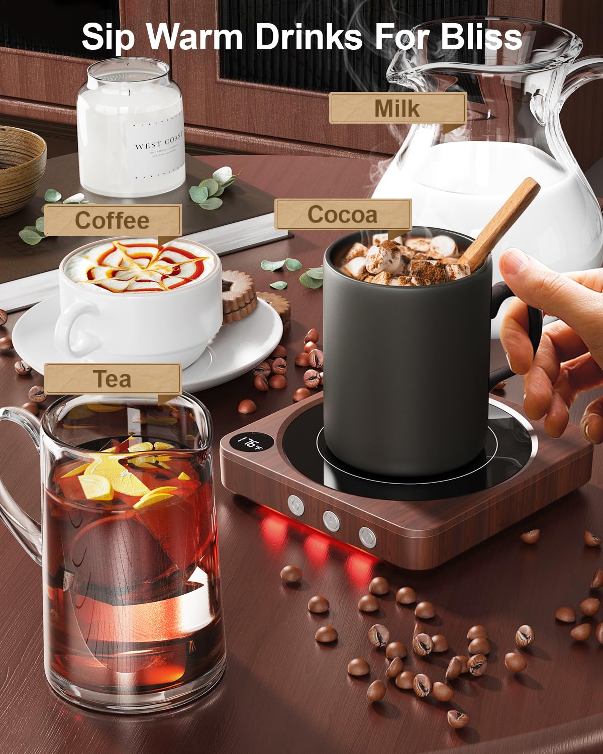 Wood Mug Warmer with Temperature Display