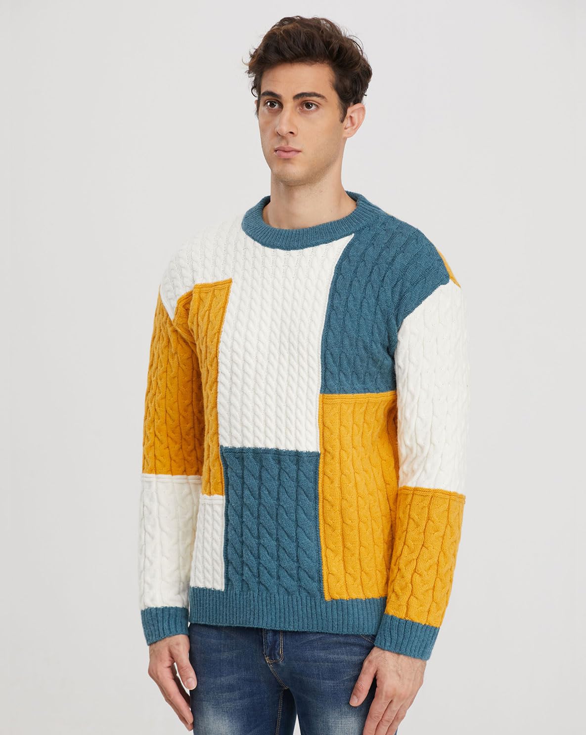 Men's Vintage Cable Knit Color Block Sweater