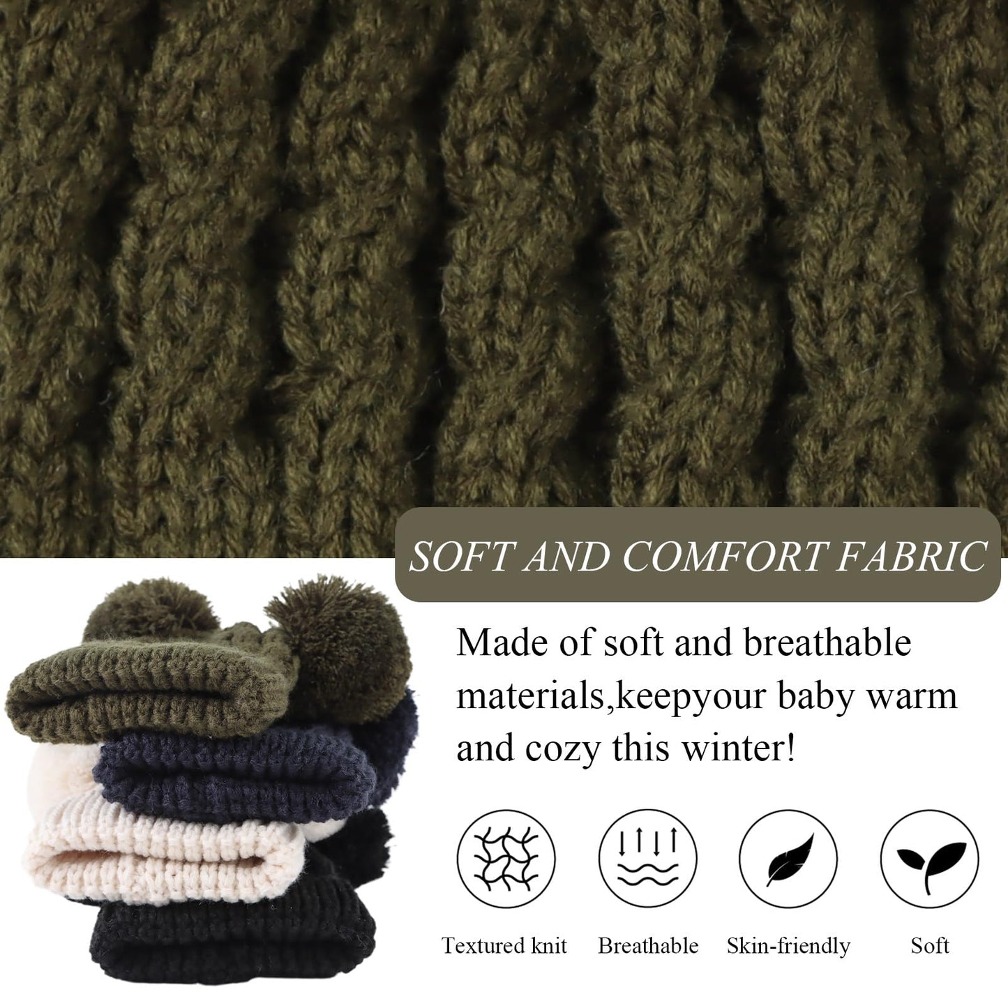 Baby Cable-Knit Beanie Pom Pom Teddy Bear Ears