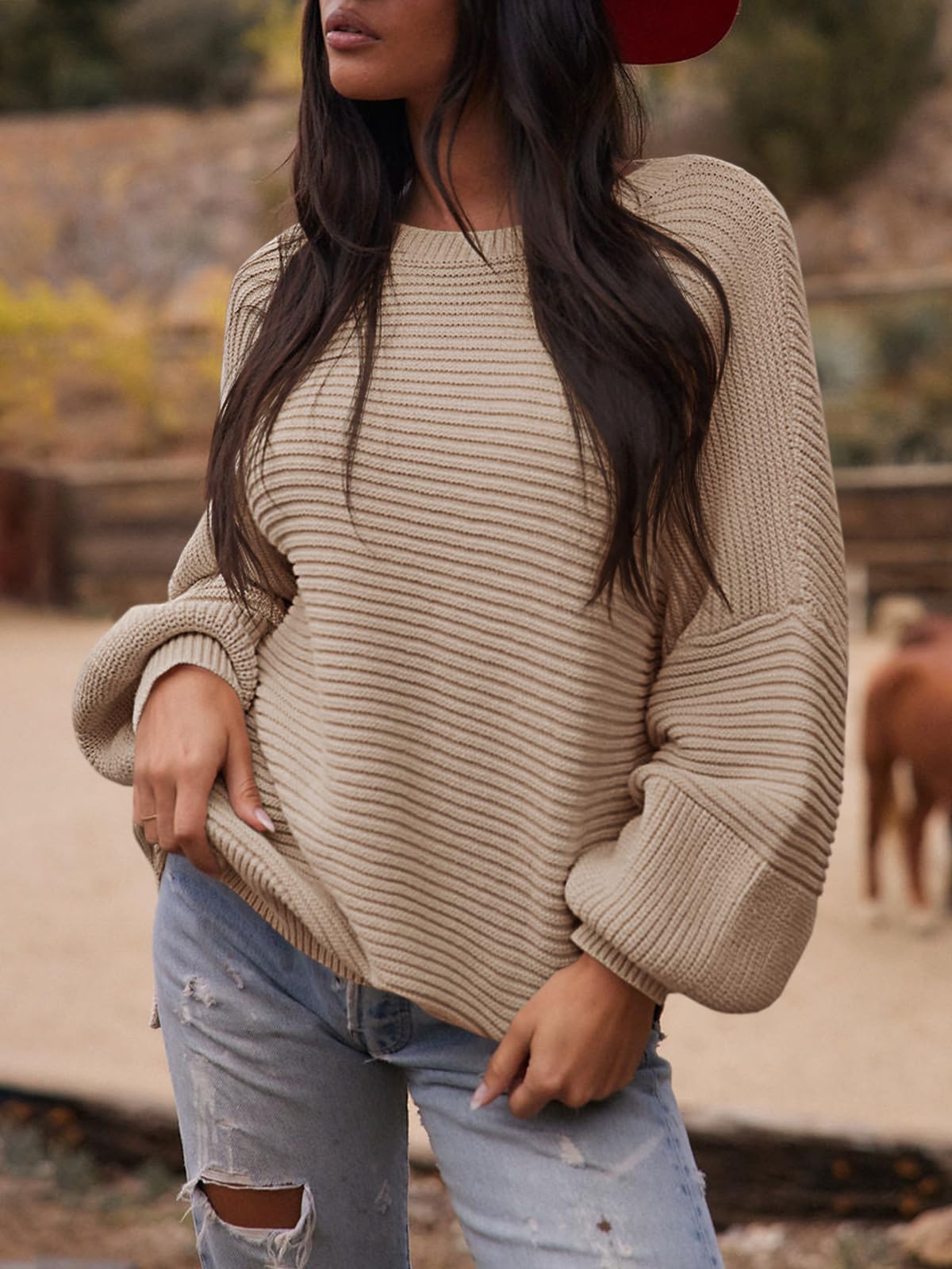 Women's Lantern-Sleeve Crewneck Ribbed Sweater