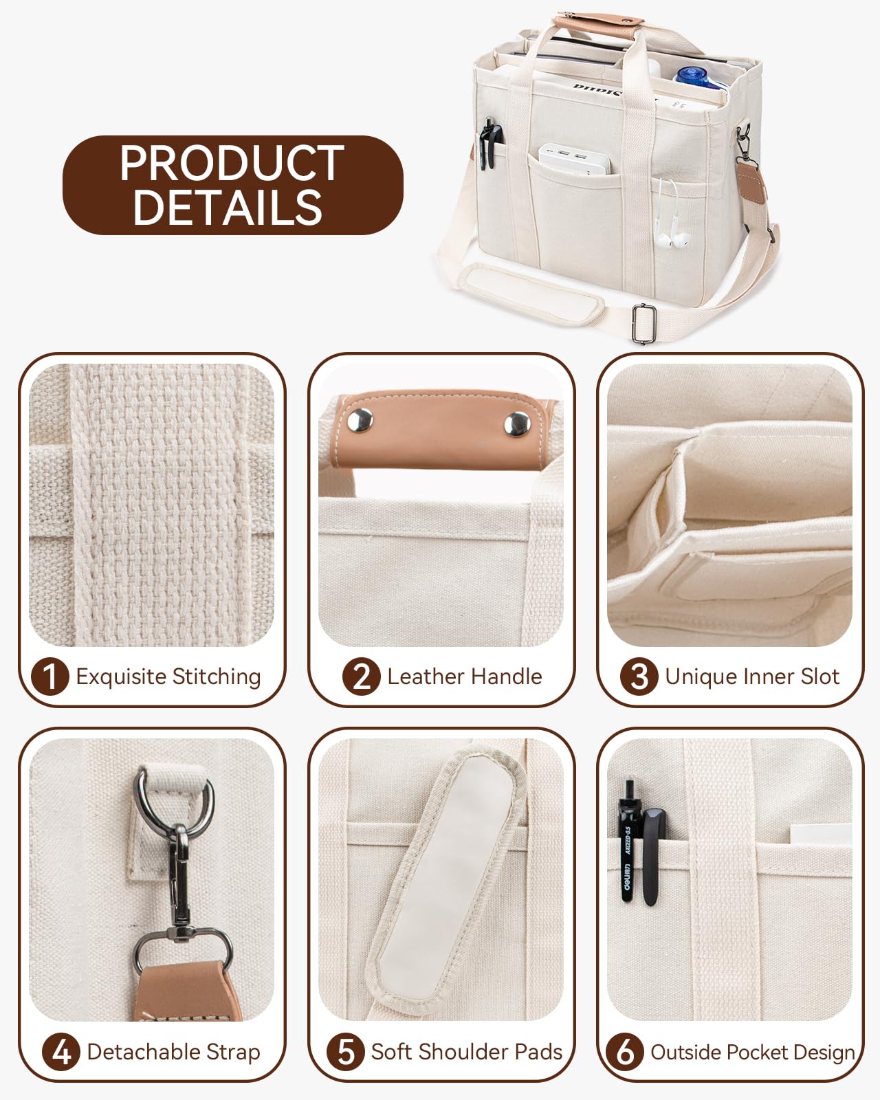 Canvas Tote Bag with Multi-Pocket and Compartments