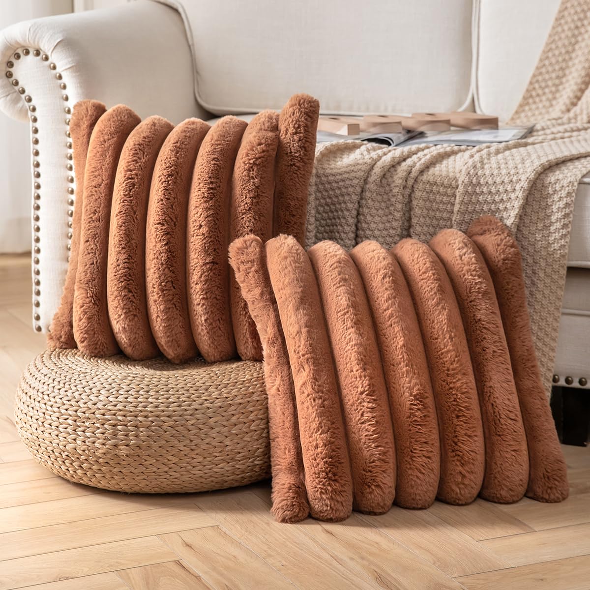 *Joyouth Faux Fur Plush Throw Pillow Covers 16x16 Inch Set of 2 - Luxury Decorative Fuzzy Striped Soft Cozy Pillowcase for Couch, Sofa, Living Room - Brown