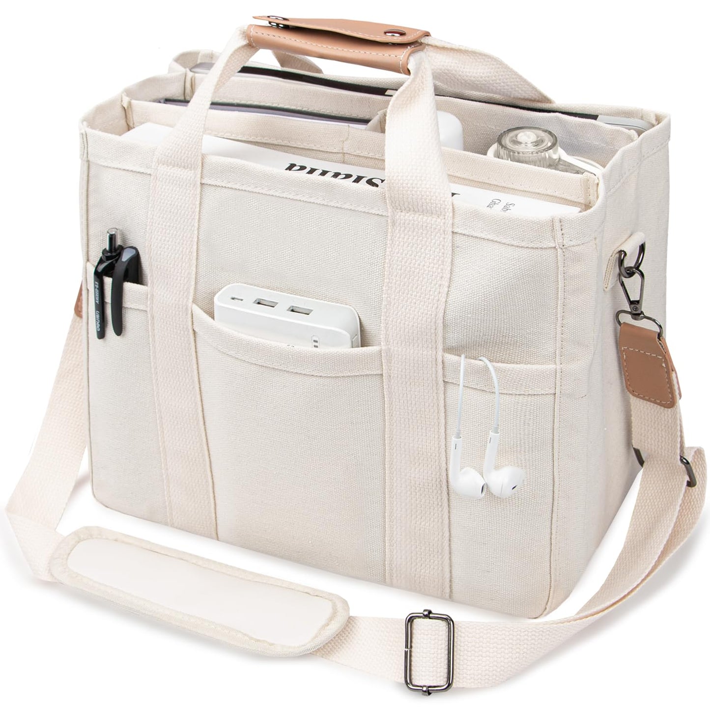 Canvas Tote Bag with Multi-Pocket and Compartments
