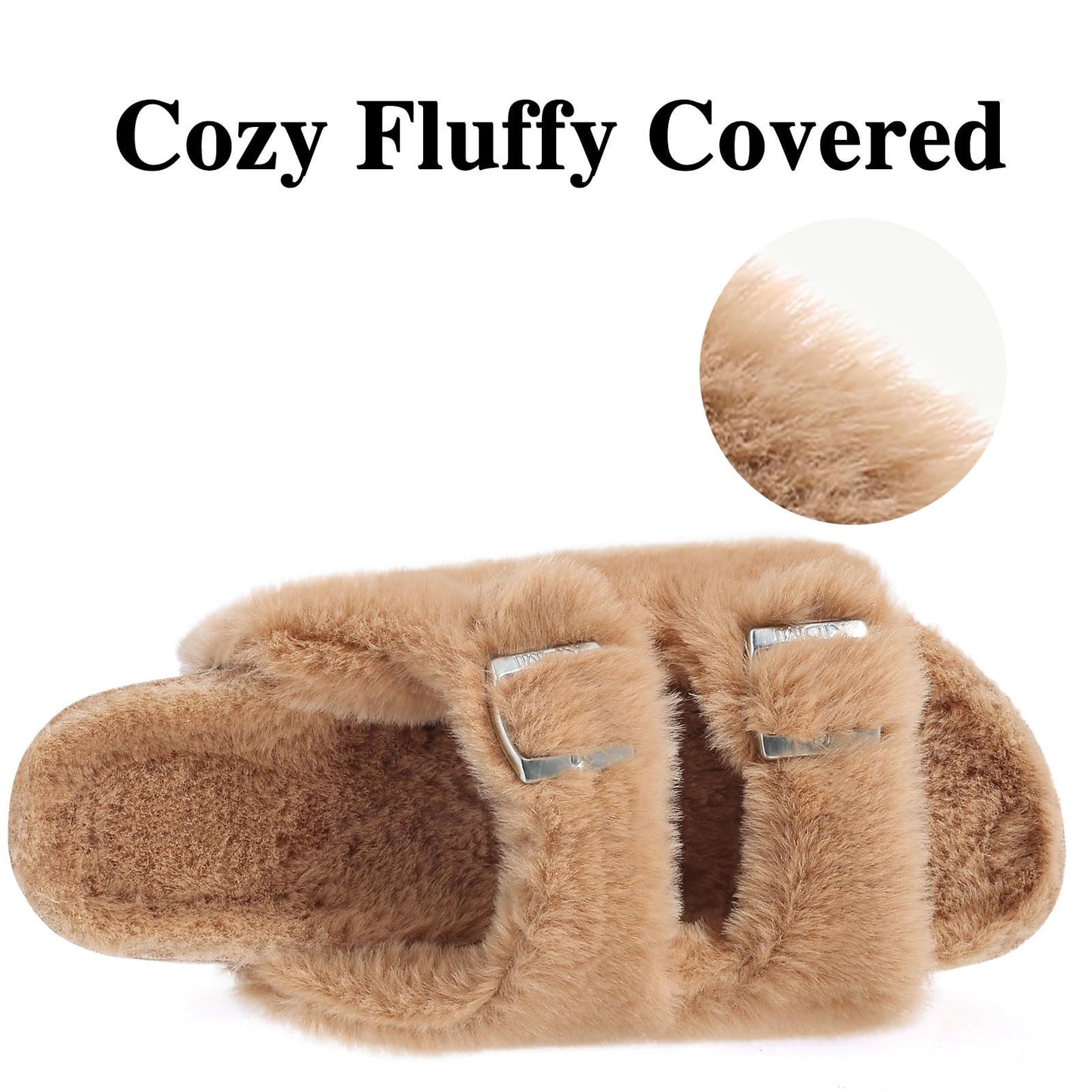 Women's Fuzzy Adjustable Slides with Contoured Cork Footbed