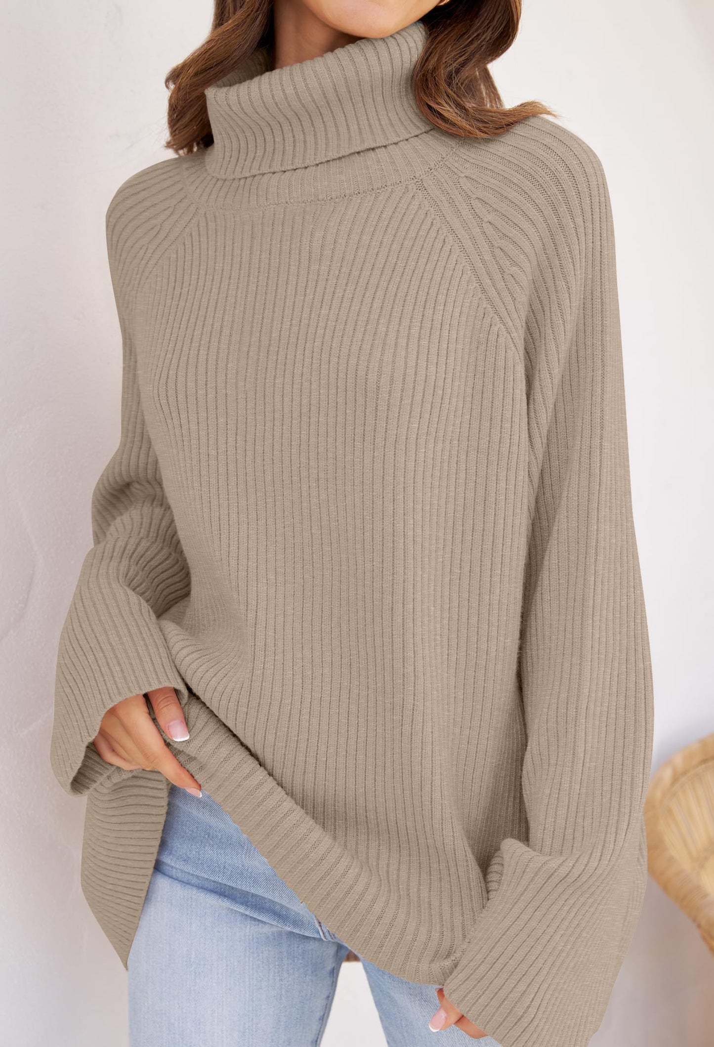 Women's Oversized Extra-Long Sleeve Turtleneck Knitted Sweater