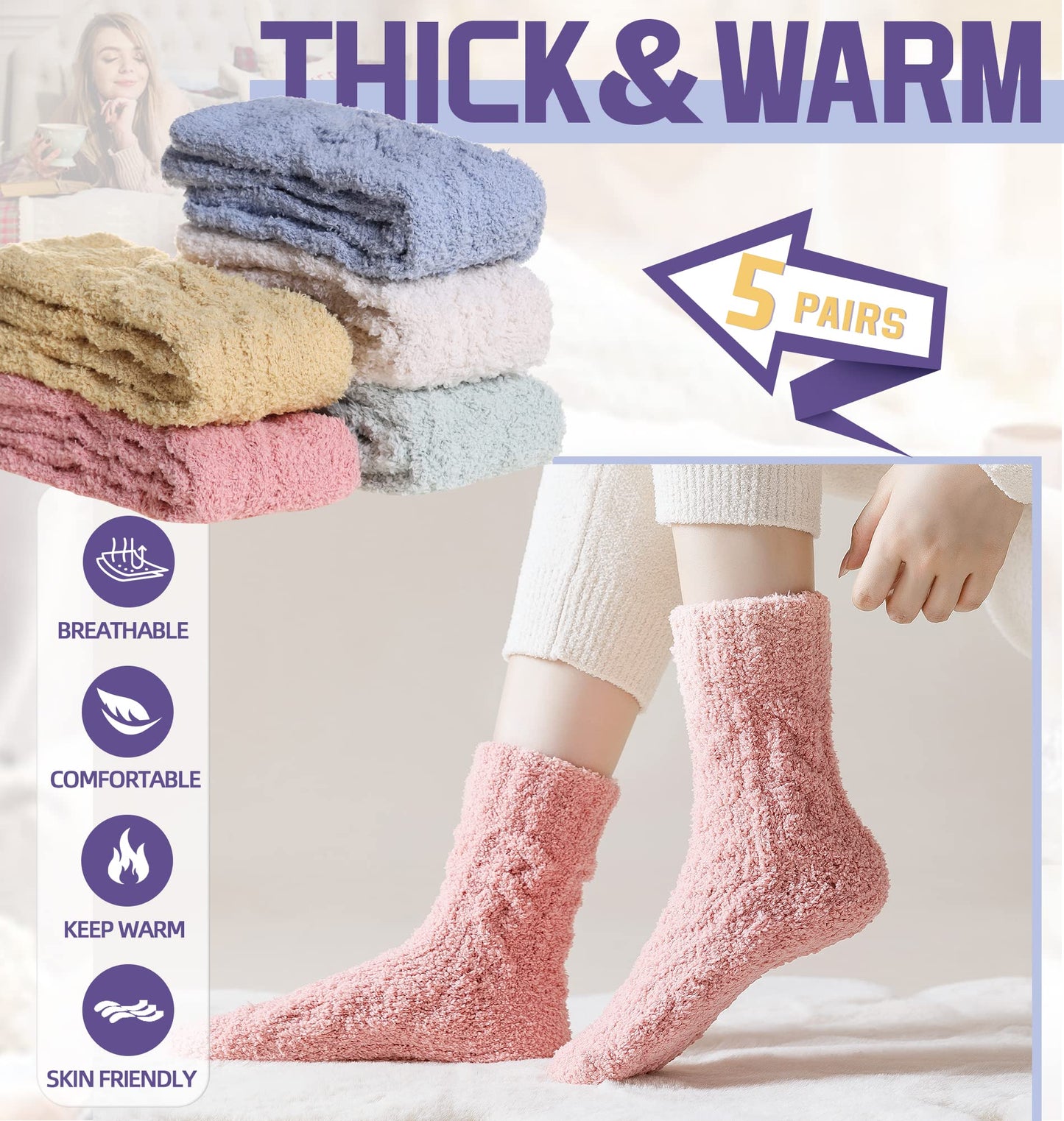Women's Fuzzy Slipper Socks - 5 Pack