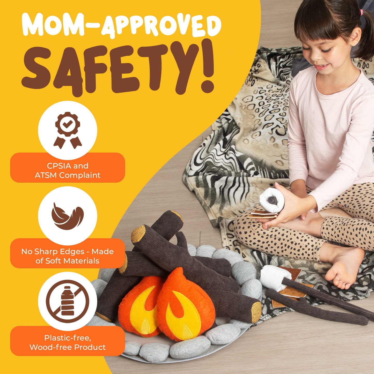 Plush Campfire Set for Kids with S'Mores Kit & Wood Log Pillow
