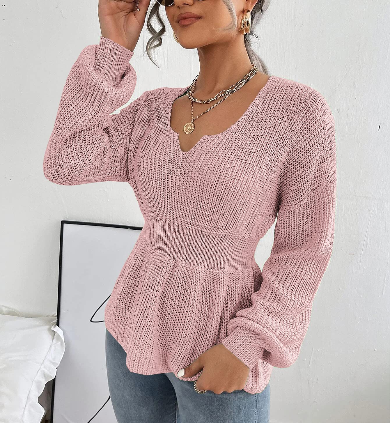 Women's Long Sleeve Peplum Style V-Neck Sweater