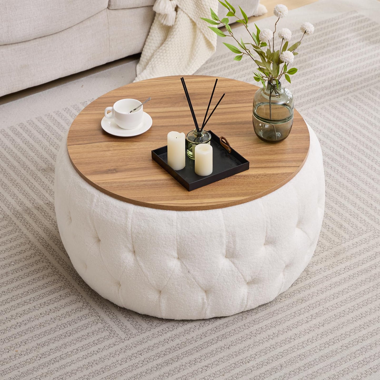 Round Storage Ottoman with Wooden Lid and Tufted Sides