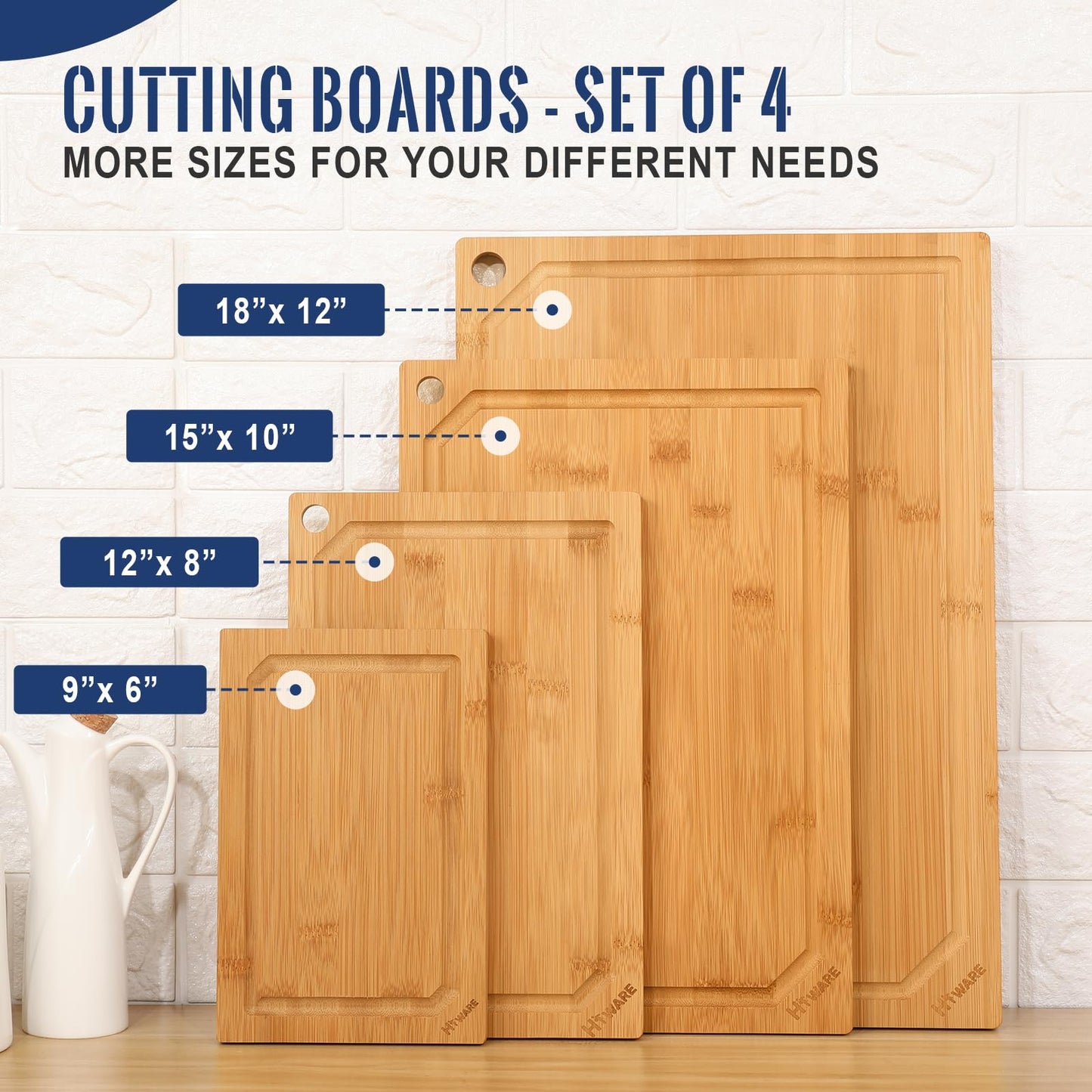Wooden Hiware 4-Piece Extra Large Bamboo Cutting Boards Set for Kitchen, Heavy Duty Cutting Board with Juice Groove, Bamboo Chopping Board Set for Meat, Vegetables - Pre Oiled