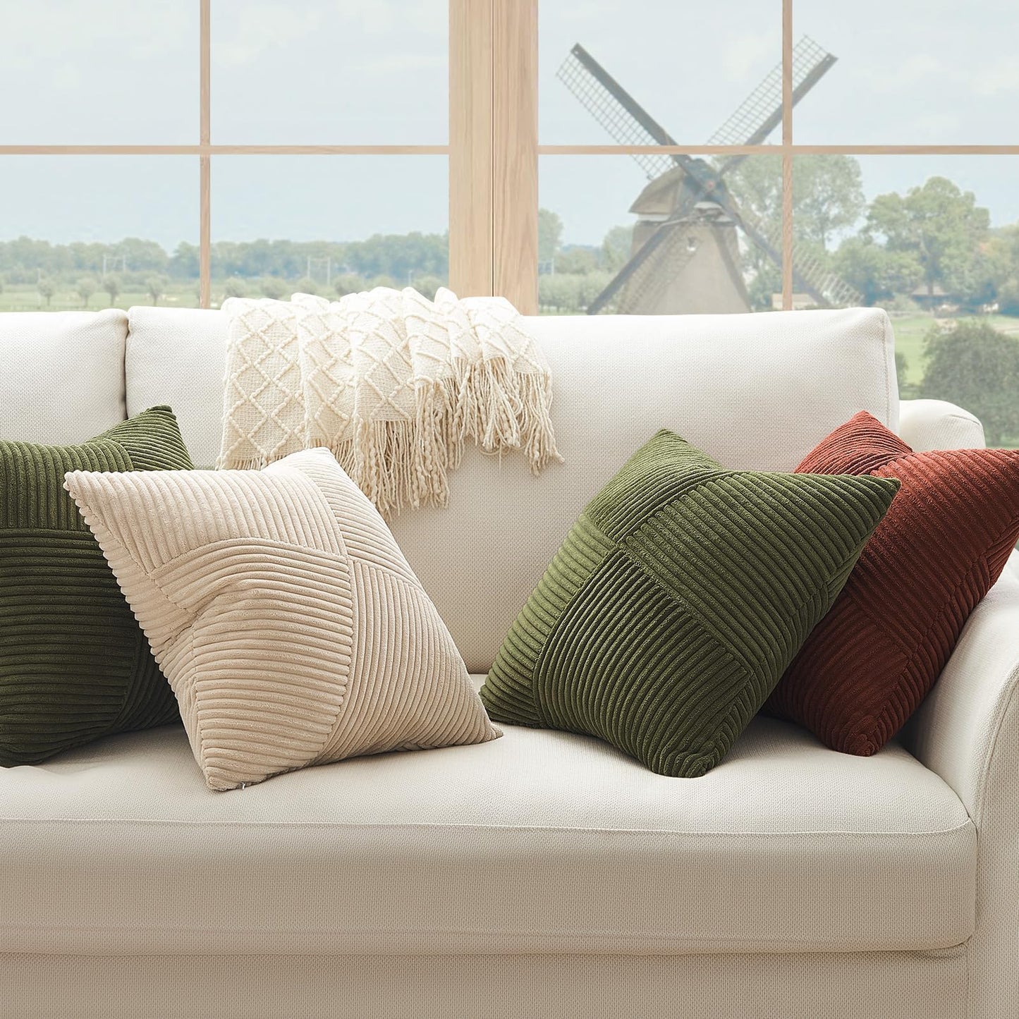 Windmill Pattern Corduroy Throw Pillow Cases - Set of 2