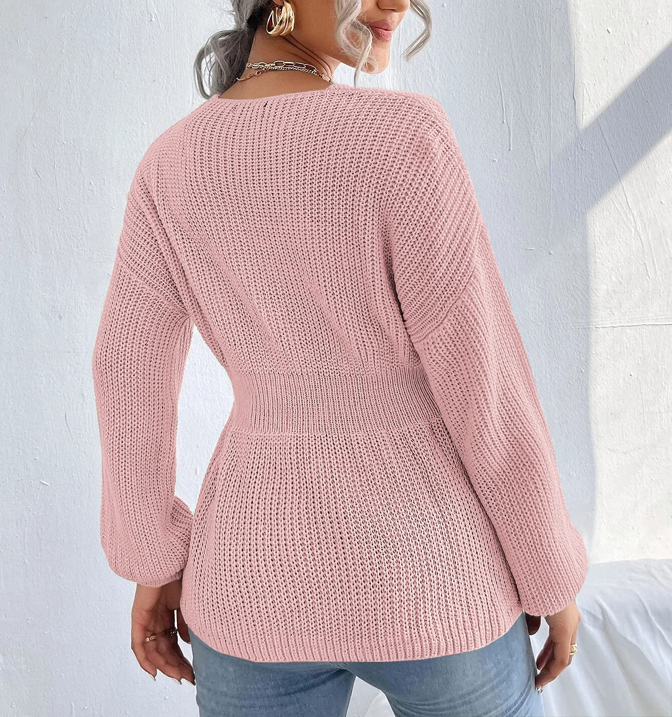 Women's Long Sleeve Peplum Style V-Neck Sweater