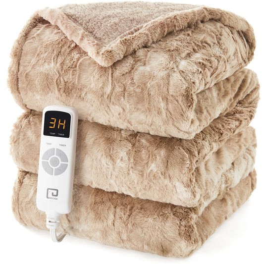Heated Faux Fur Throw Blanket - 9 Settings, 50" x 60"