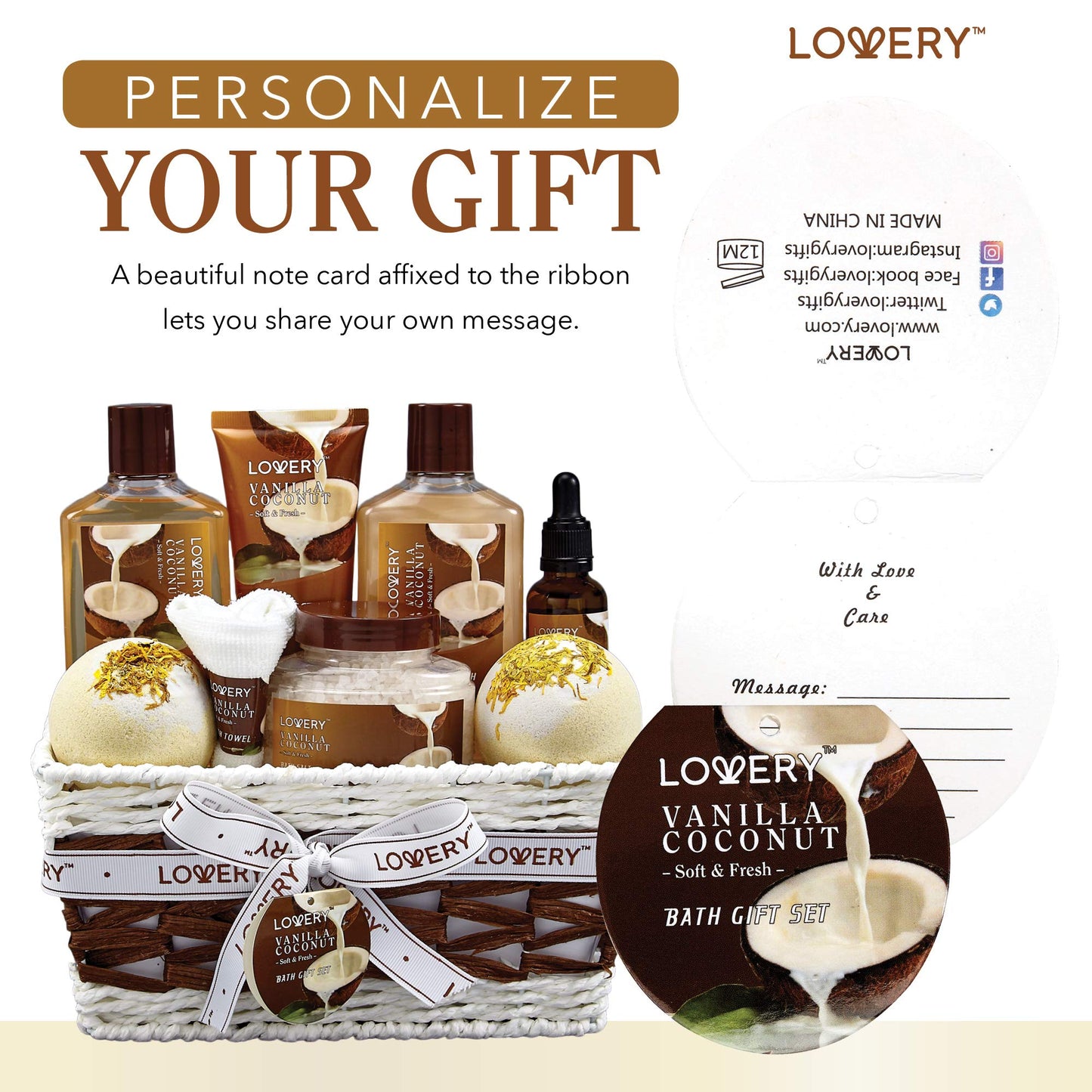 Self Care Package with Woven Basket Set, Vanilla Coconut - 9 Piece Set