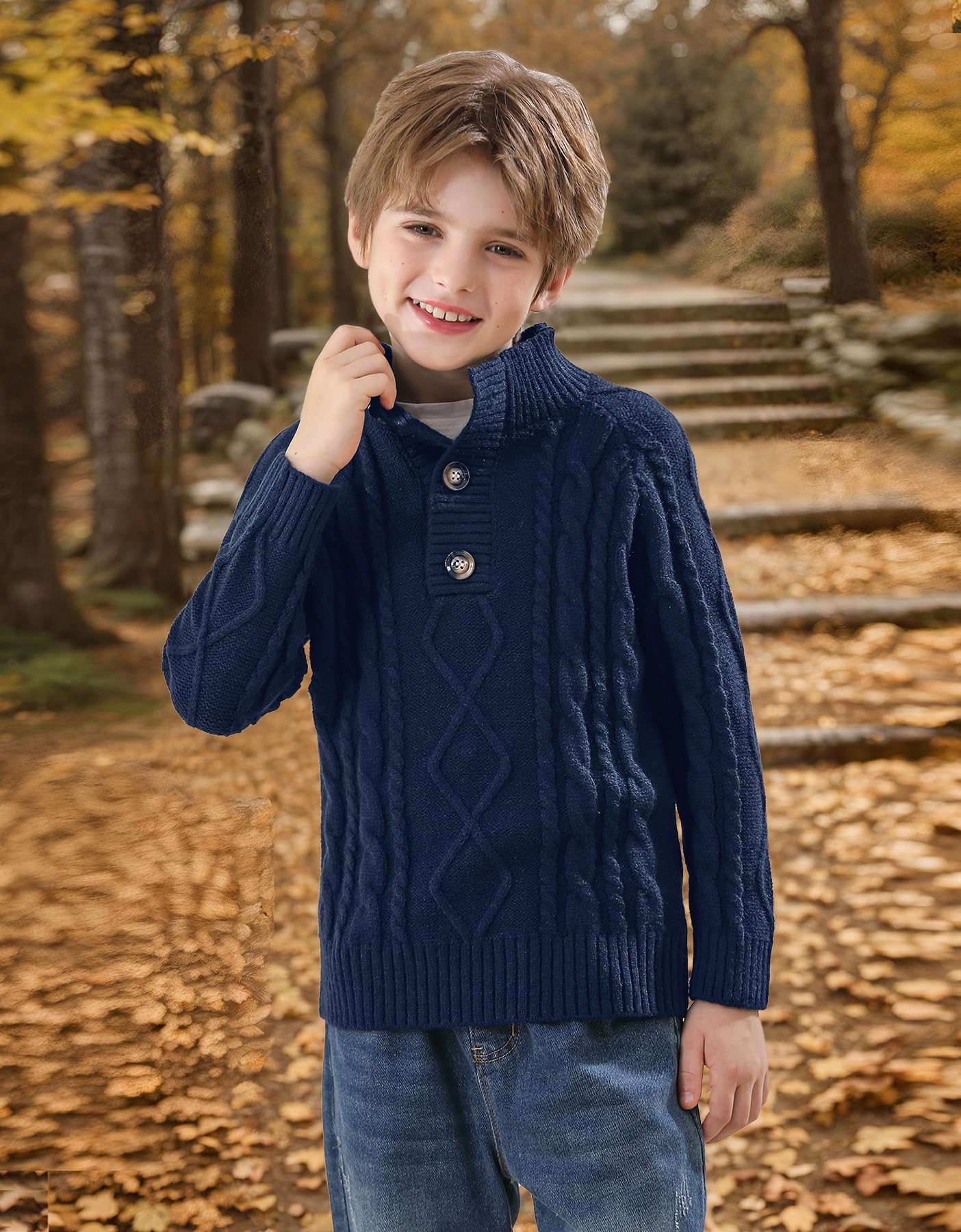 Boy's Mock-Neck Button Up Cable-Knitted Sweater