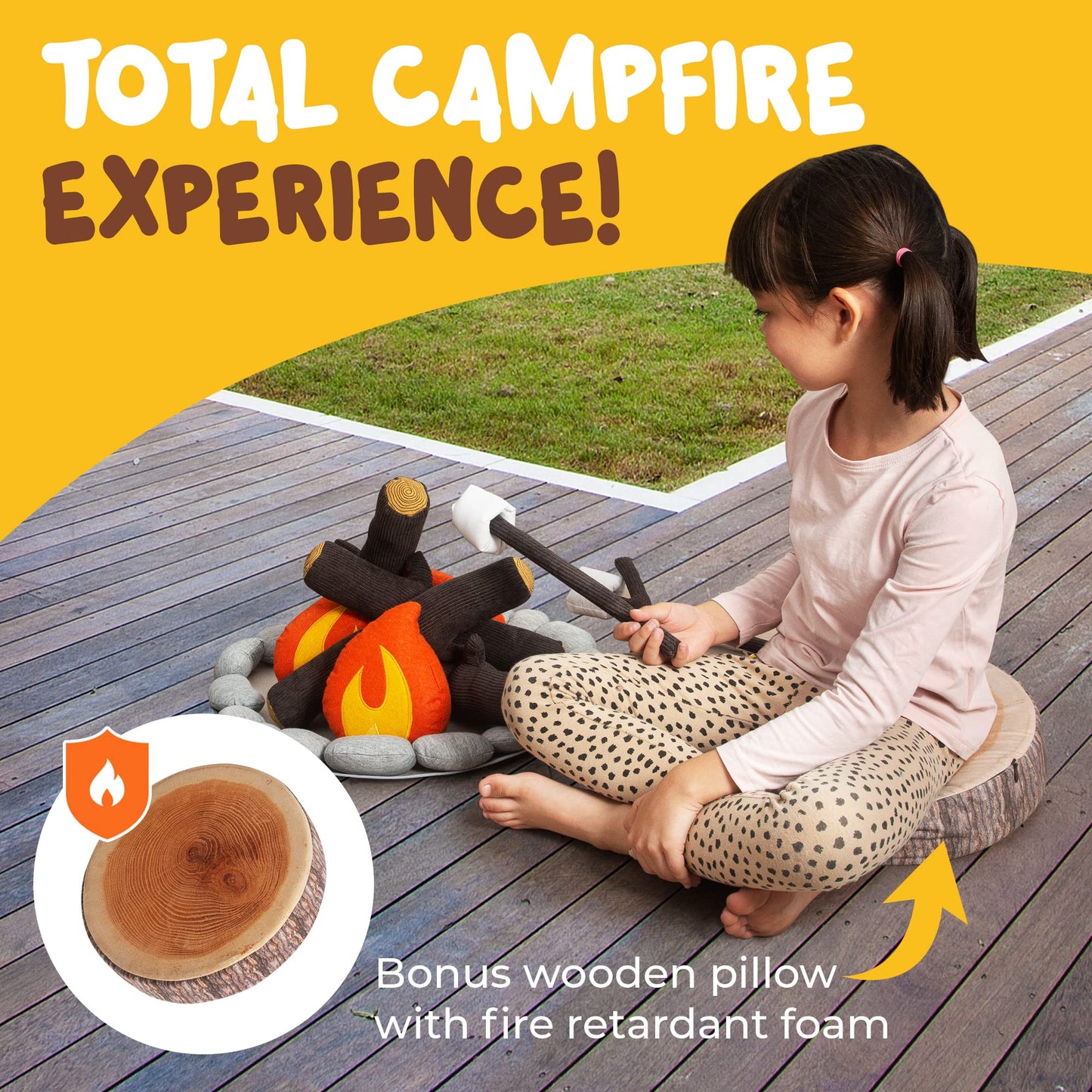 Plush Campfire Set for Kids with S'Mores Kit & Wood Log Pillow