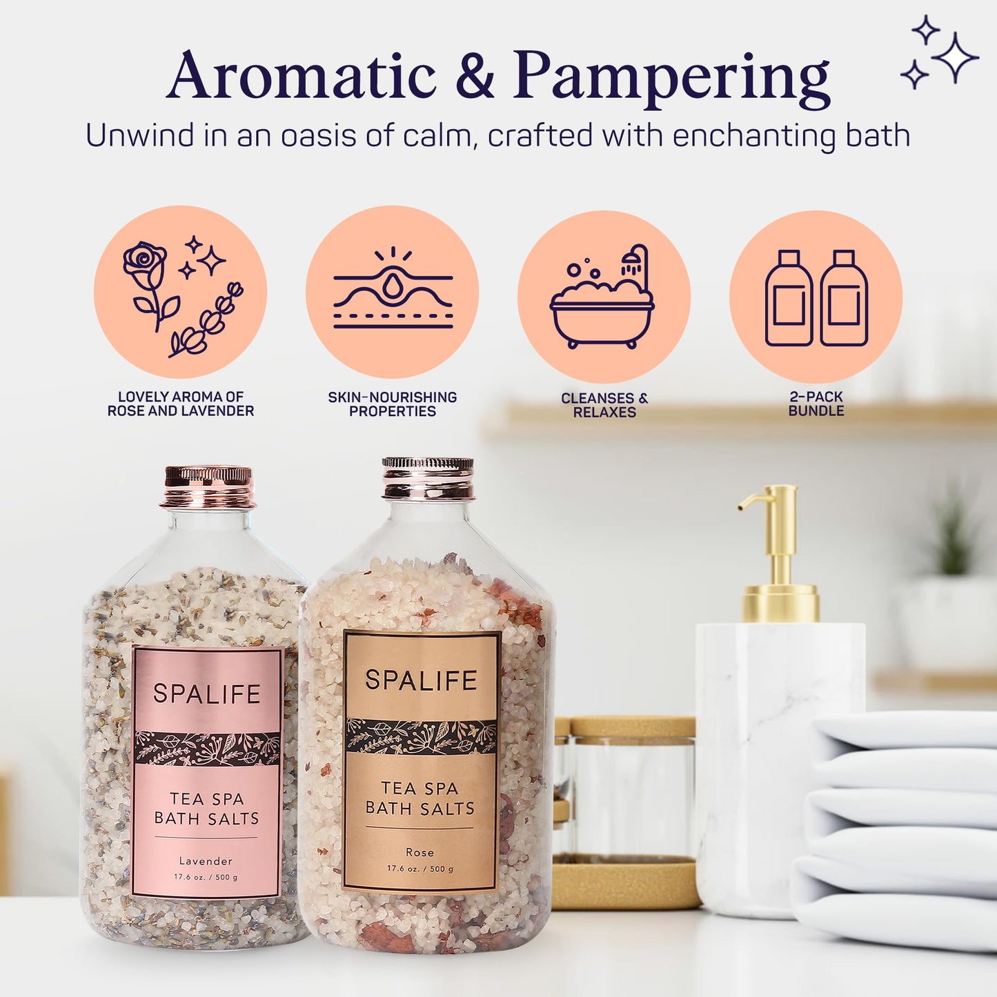 Spa Petal-Infused Effervescent Mineral Bath Salts - Lavender & Rose, 2-Pack
