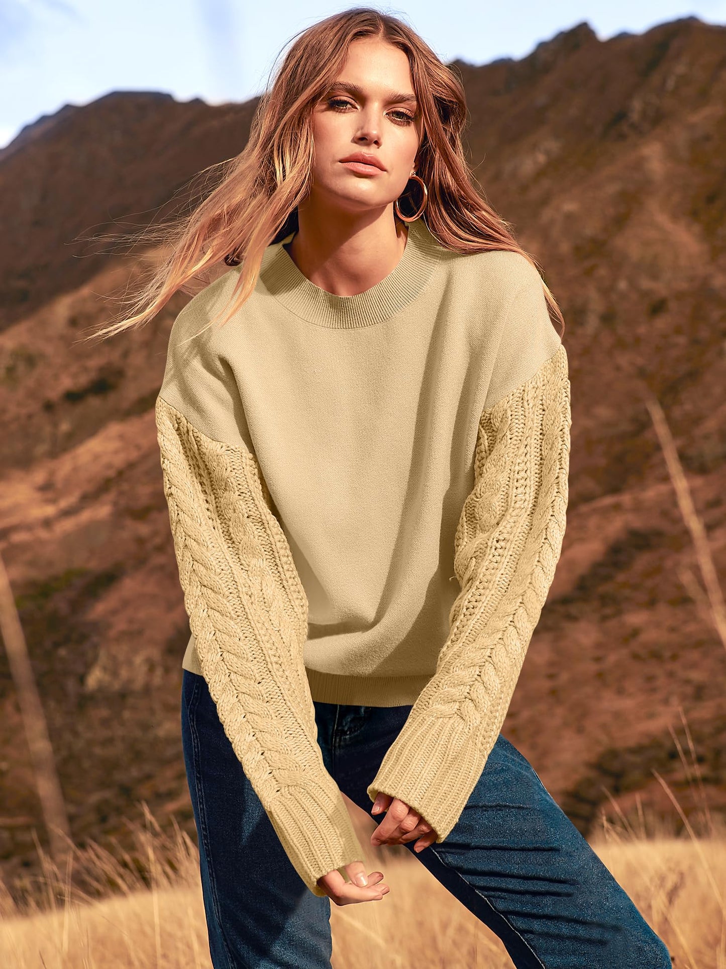 Women's Cable-Knit Long Sleeve Oversized Crewneck Sweater