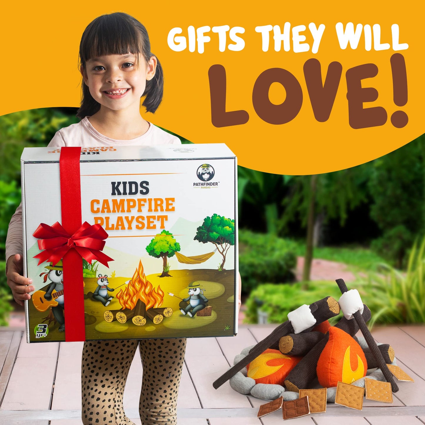 Plush Campfire Set for Kids with S'Mores Kit & Wood Log Pillow