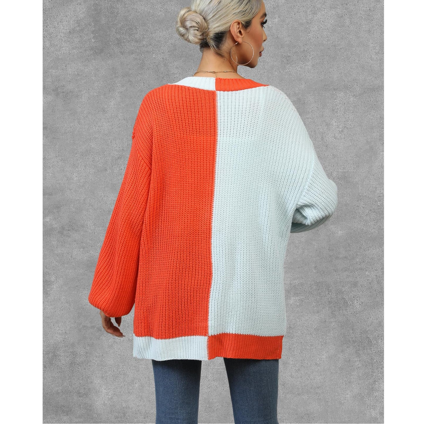 Women's Long Sleeve Color-Block Cable-Knitted Cardigan