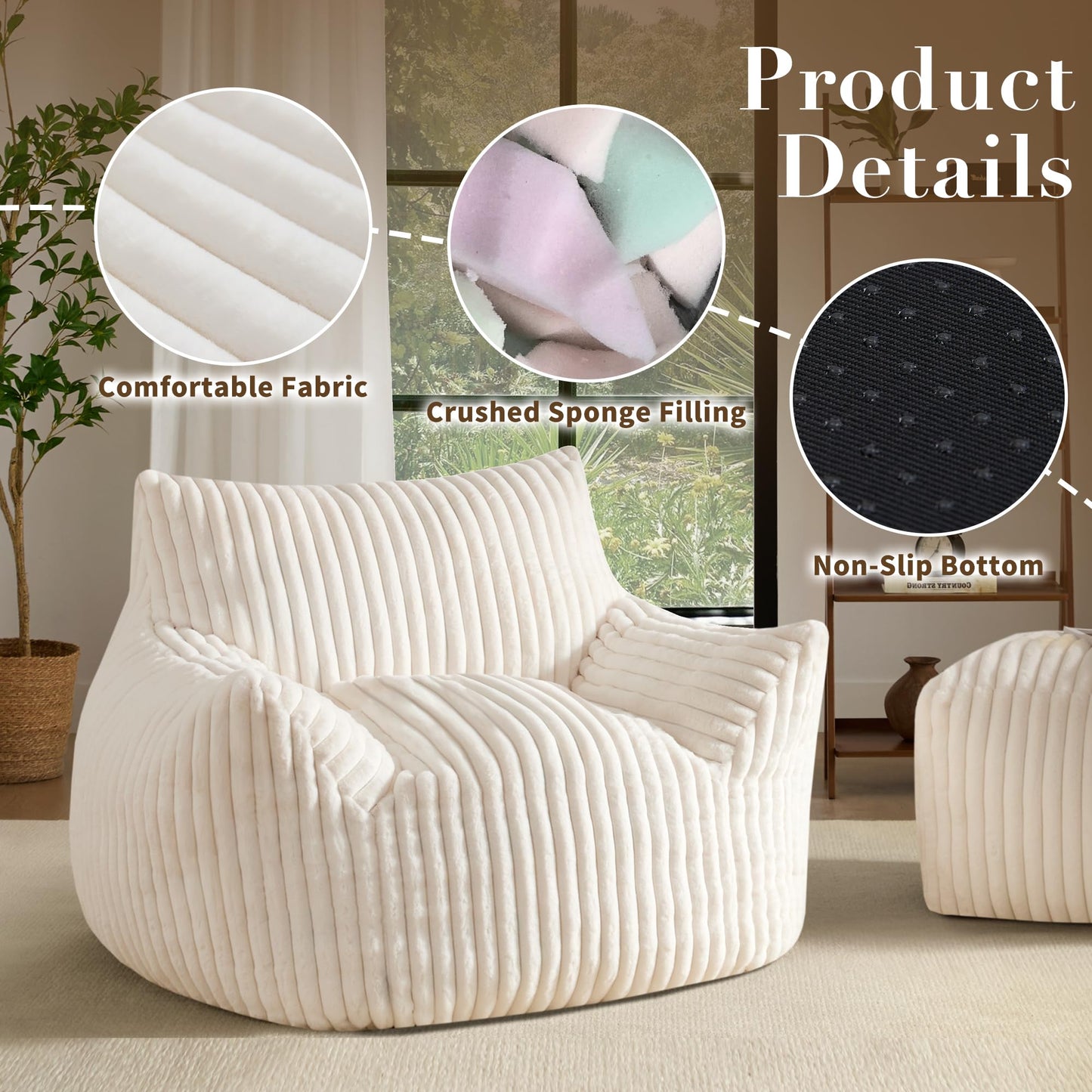 Giant Oversized Fluffy Bean Bag Chair with Armrests