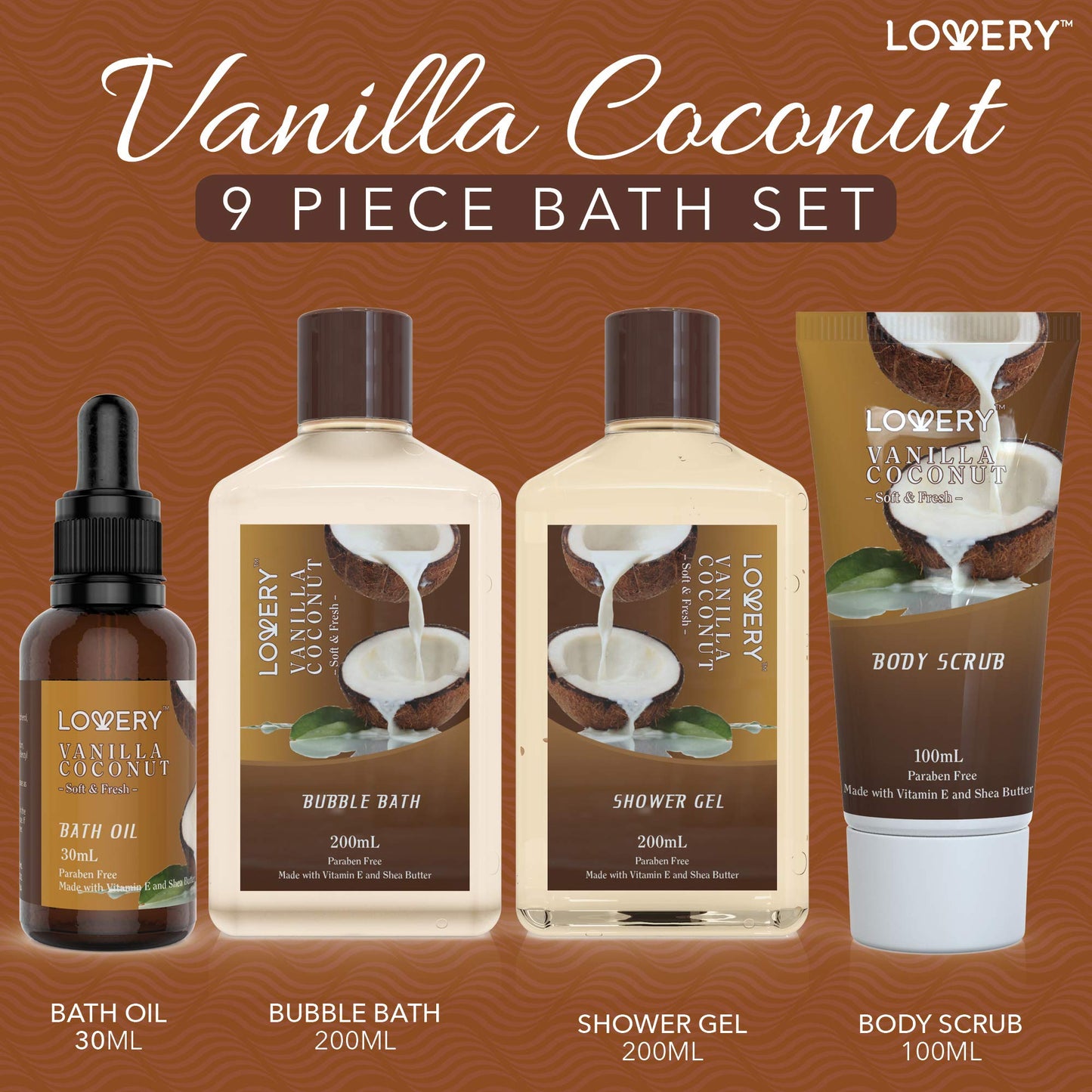 Self Care Package with Woven Basket Set, Vanilla Coconut - 9 Piece Set