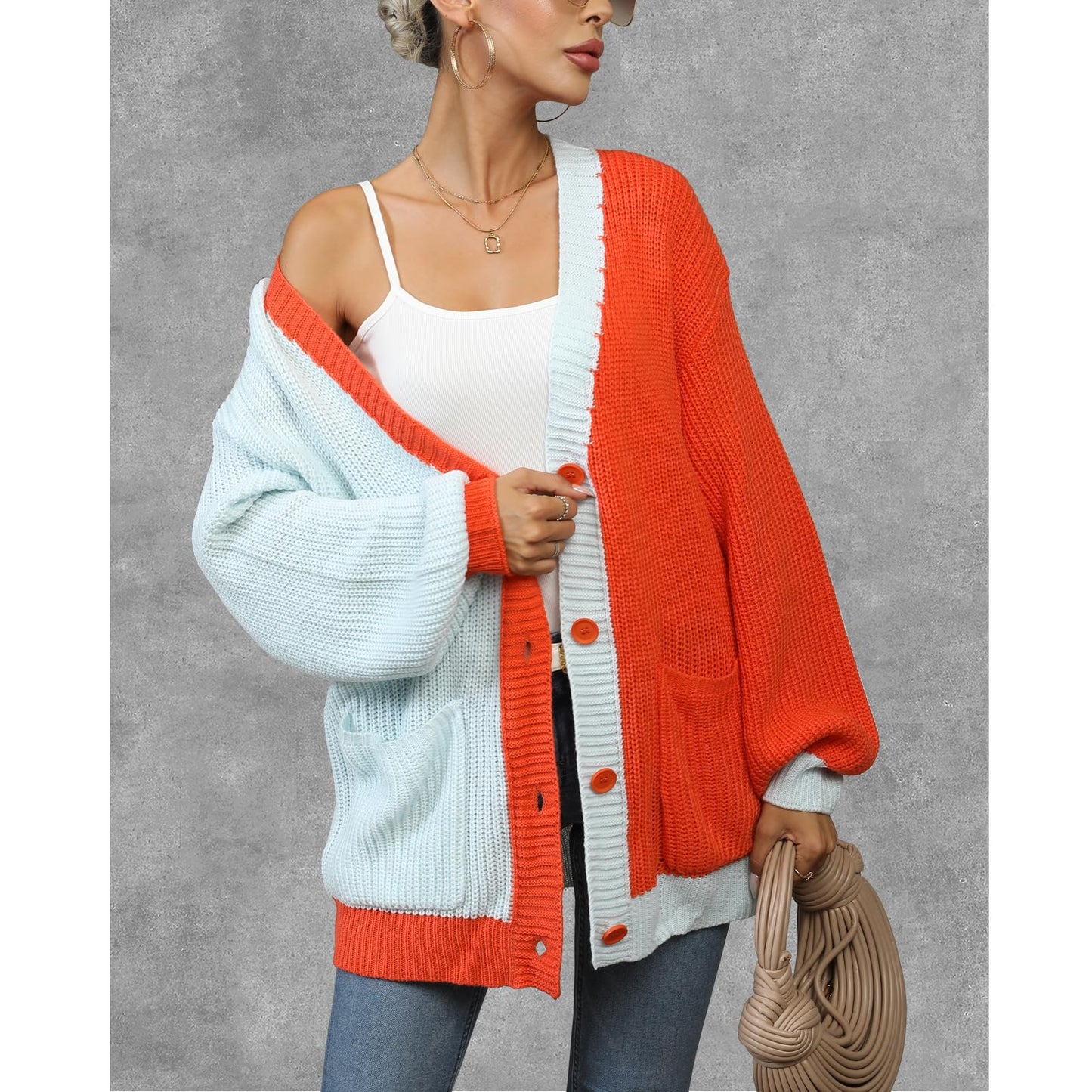 Women's Long Sleeve Color-Block Cable-Knitted Cardigan