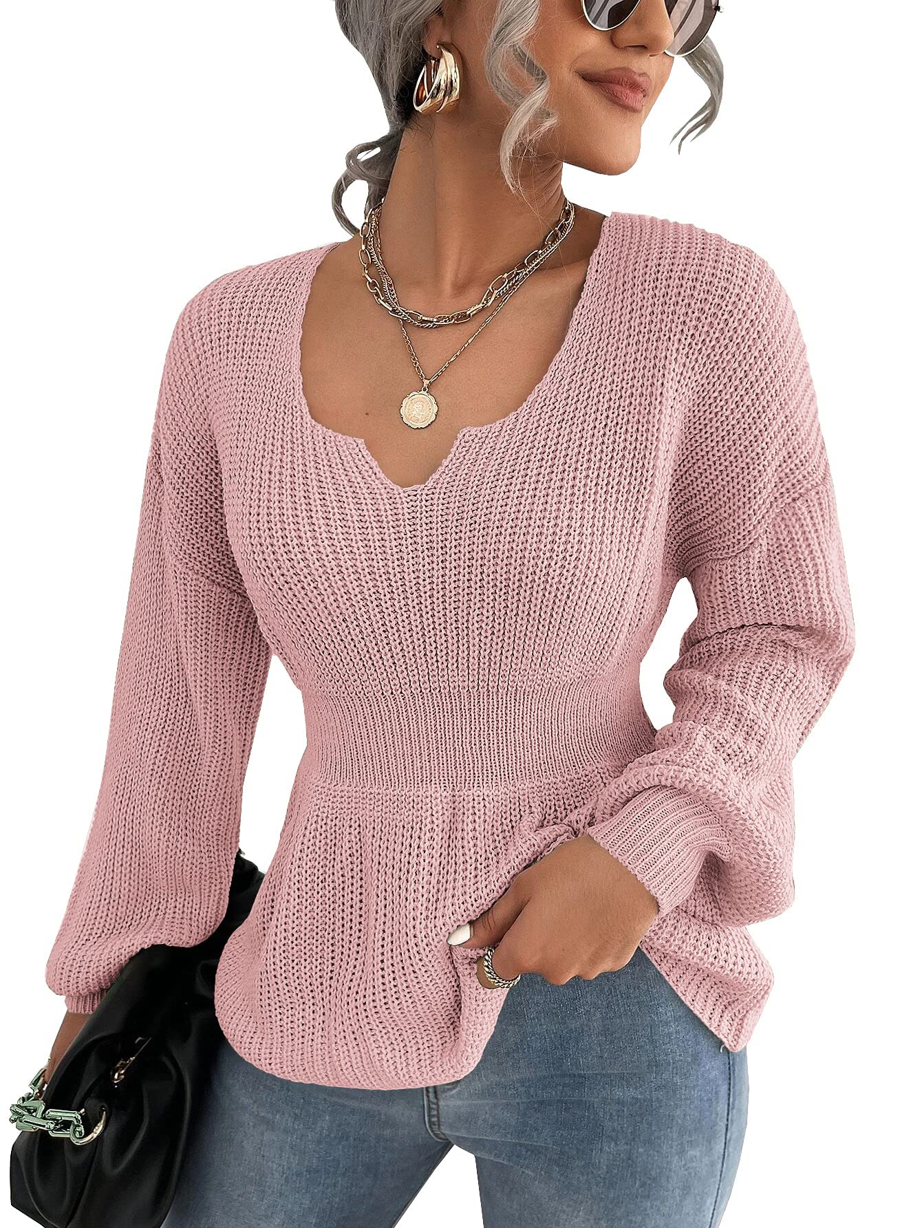 Women's Long Sleeve Peplum Style V-Neck Sweater