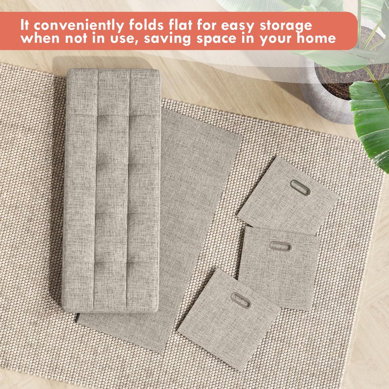 Foldable Tufted Linen Storage Bench with 3 Drawer Cubes