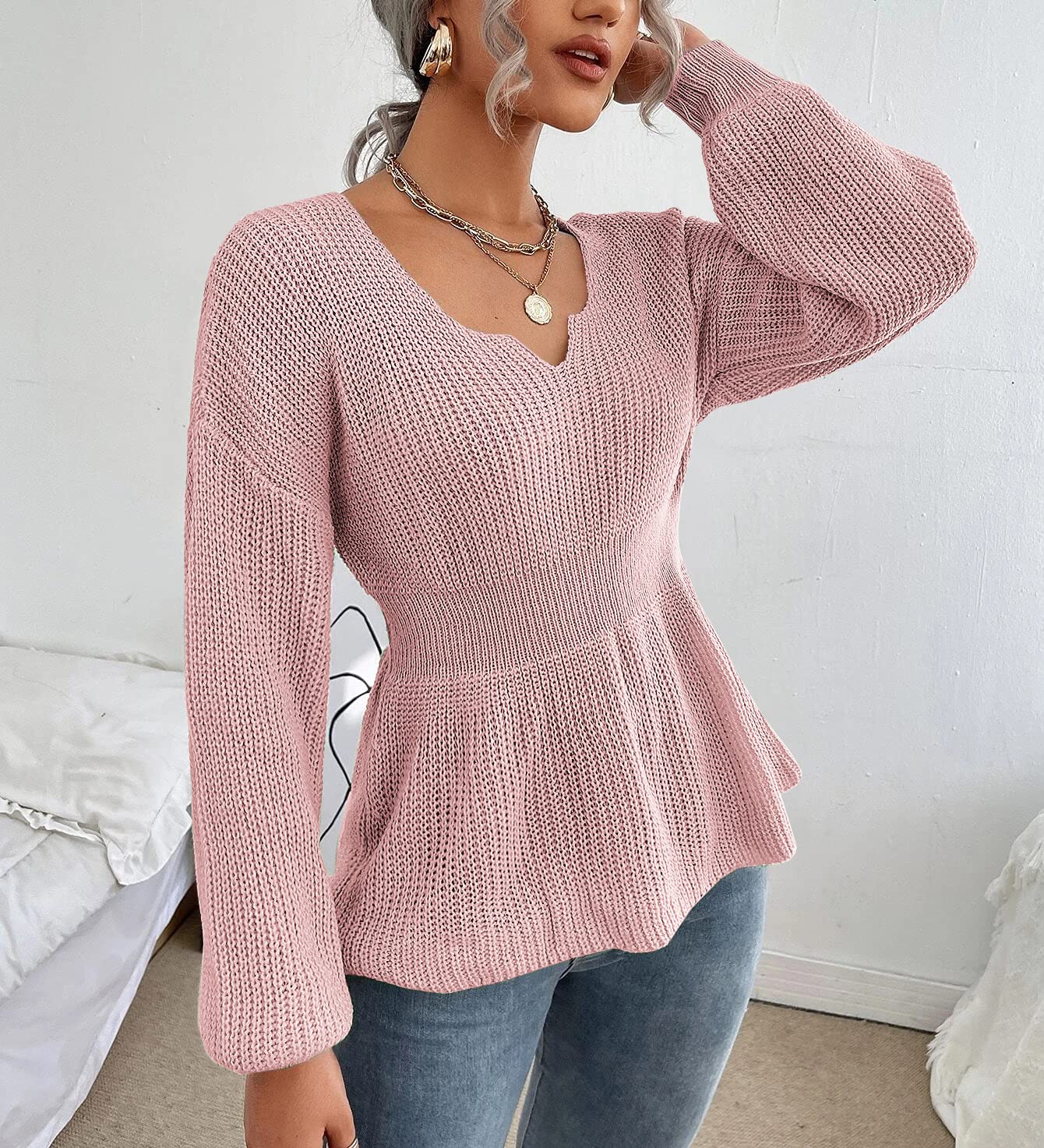 Women's Long Sleeve Peplum Style V-Neck Sweater