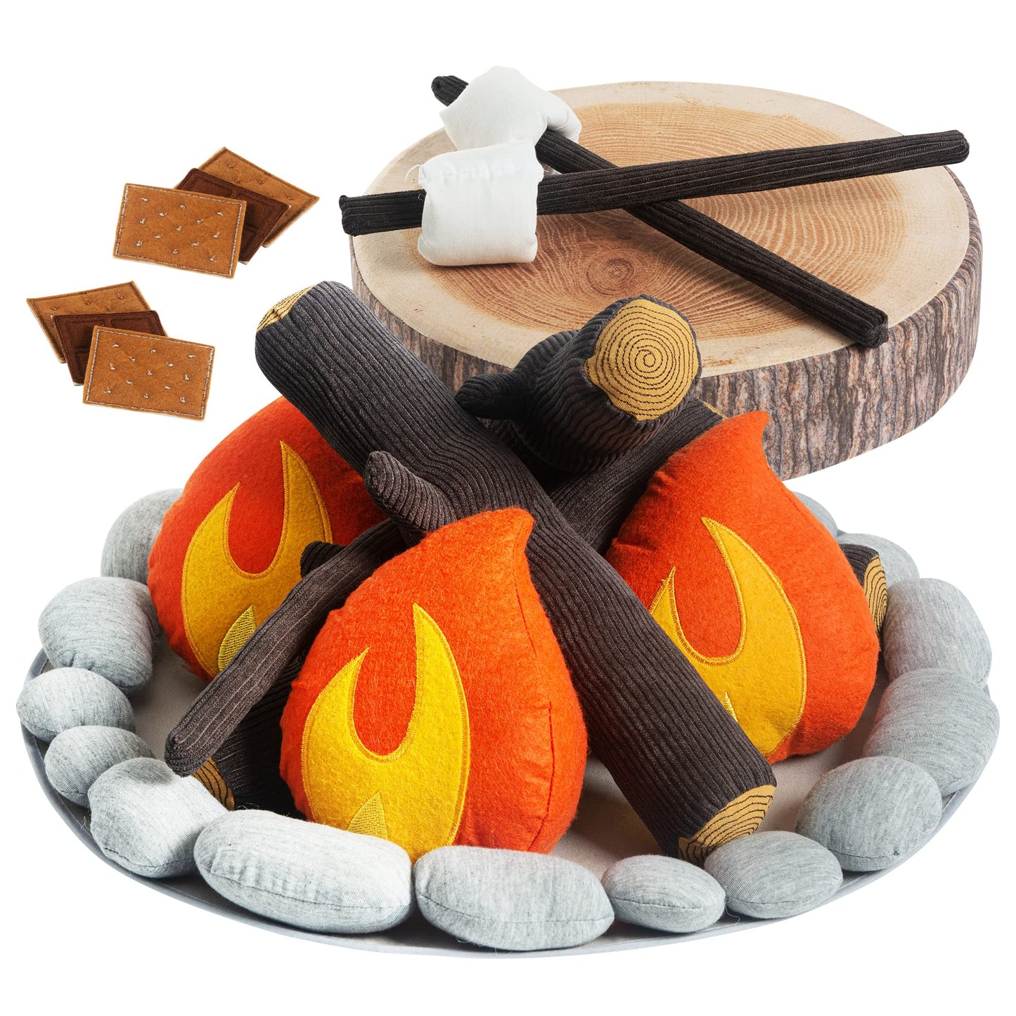 Plush Campfire Set for Kids with S'Mores Kit & Wood Log Pillow