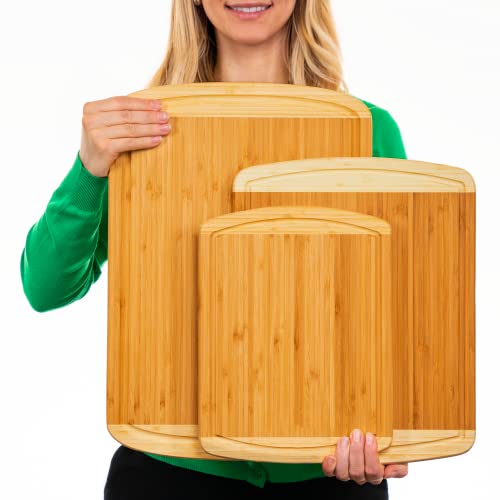 Wooden GREENER CHEF Organic Bamboo Cutting Board Set of 3 with Lifetime Replacements - Wood Cutting Board Set with Juice Groove - Wooden Chopping Board Set for Kitchen, Meat, Vegetables and Cheese