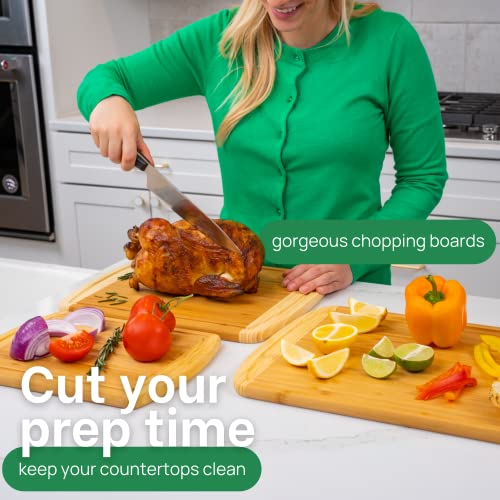 Wooden GREENER CHEF Organic Bamboo Cutting Board Set of 3 with Lifetime Replacements - Wood Cutting Board Set with Juice Groove - Wooden Chopping Board Set for Kitchen, Meat, Vegetables and Cheese