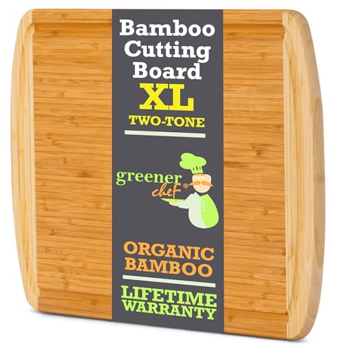 Wooden GREENER CHEF 18 Inch Extra Large Bamboo Cutting Board with Lifetime Replacements - Wood XL Cutting Boards for Kitchen - Organic Wooden Butcher Block and Chopping Board for Meat and Vegetables