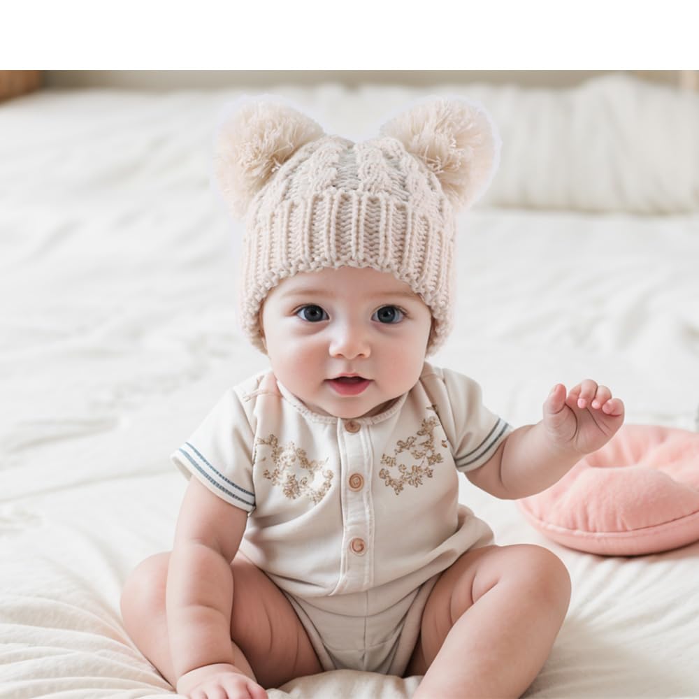 Baby Cable-Knit Beanie Pom Pom Teddy Bear Ears