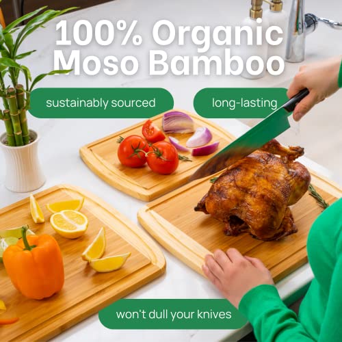 Wooden GREENER CHEF Organic Bamboo Cutting Board Set of 3 with Lifetime Replacements - Wood Cutting Board Set with Juice Groove - Wooden Chopping Board Set for Kitchen, Meat, Vegetables and Cheese