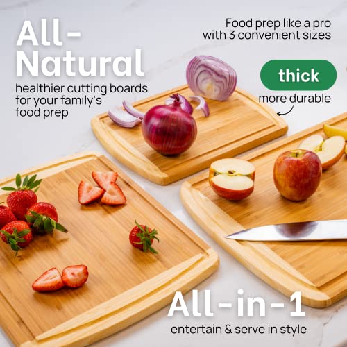 Wooden GREENER CHEF Organic Bamboo Cutting Board Set of 3 with Lifetime Replacements - Wood Cutting Board Set with Juice Groove - Wooden Chopping Board Set for Kitchen, Meat, Vegetables and Cheese