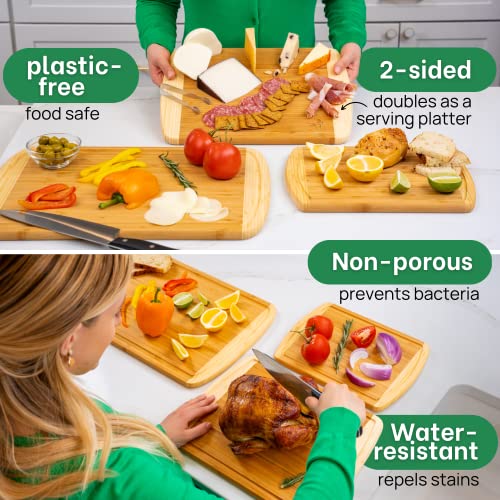 Wooden GREENER CHEF Organic Bamboo Cutting Board Set of 3 with Lifetime Replacements - Wood Cutting Board Set with Juice Groove - Wooden Chopping Board Set for Kitchen, Meat, Vegetables and Cheese