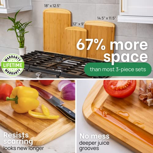 Wooden GREENER CHEF Organic Bamboo Cutting Board Set of 3 with Lifetime Replacements - Wood Cutting Board Set with Juice Groove - Wooden Chopping Board Set for Kitchen, Meat, Vegetables and Cheese